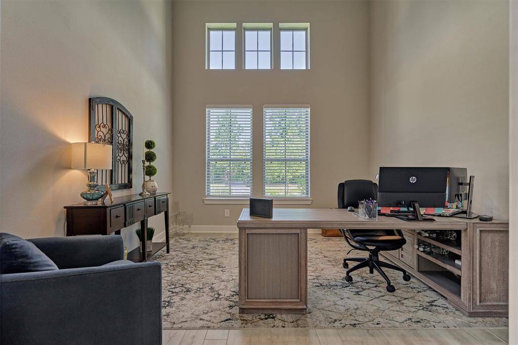 The Study Features A Soaring Ceiling And Lots Of Natural Light; The Window Treatments Throughout The Home Were Custom Designed/Made By Beautiful Minds Blinds & More.