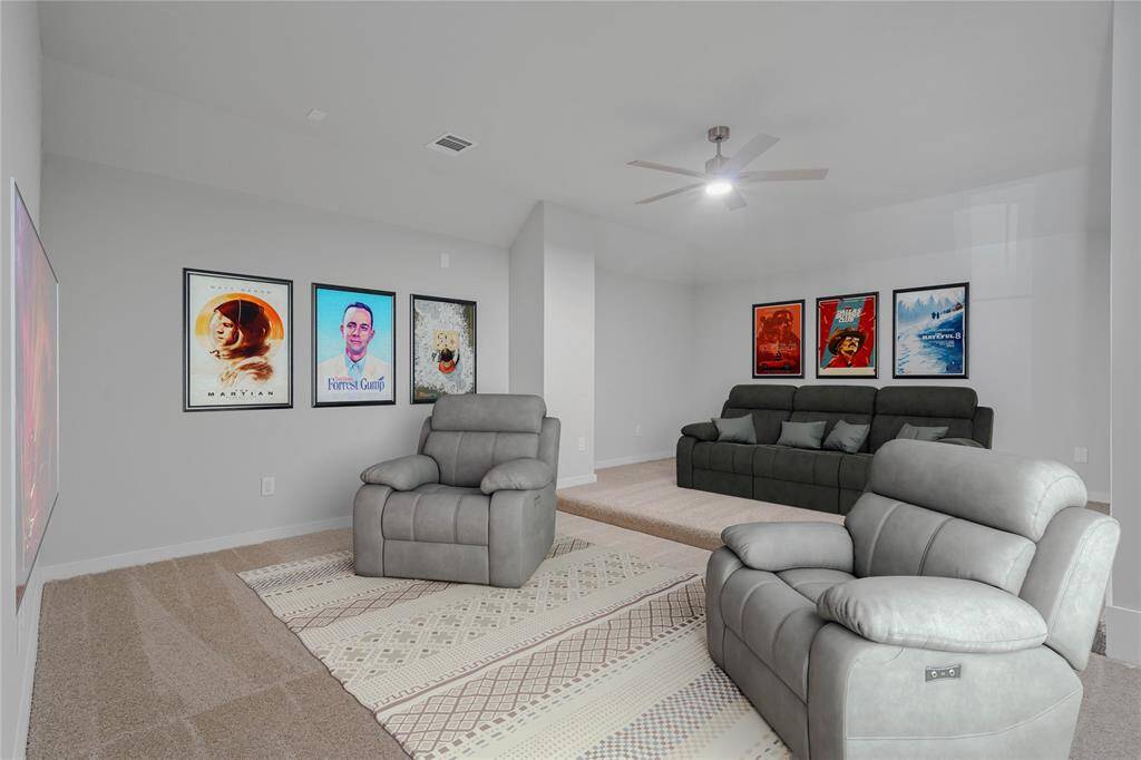 Grab the popcorn, put on a movie, and enjoy a wonderful evening in your amazing media room! Featuring plush carpet, custom paint, and ceiling fan makes this the perfect room for relaxing!