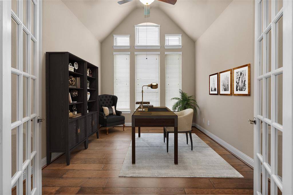 Virtually staged private office, offering a bright, inspiring workspace with ample natural light.