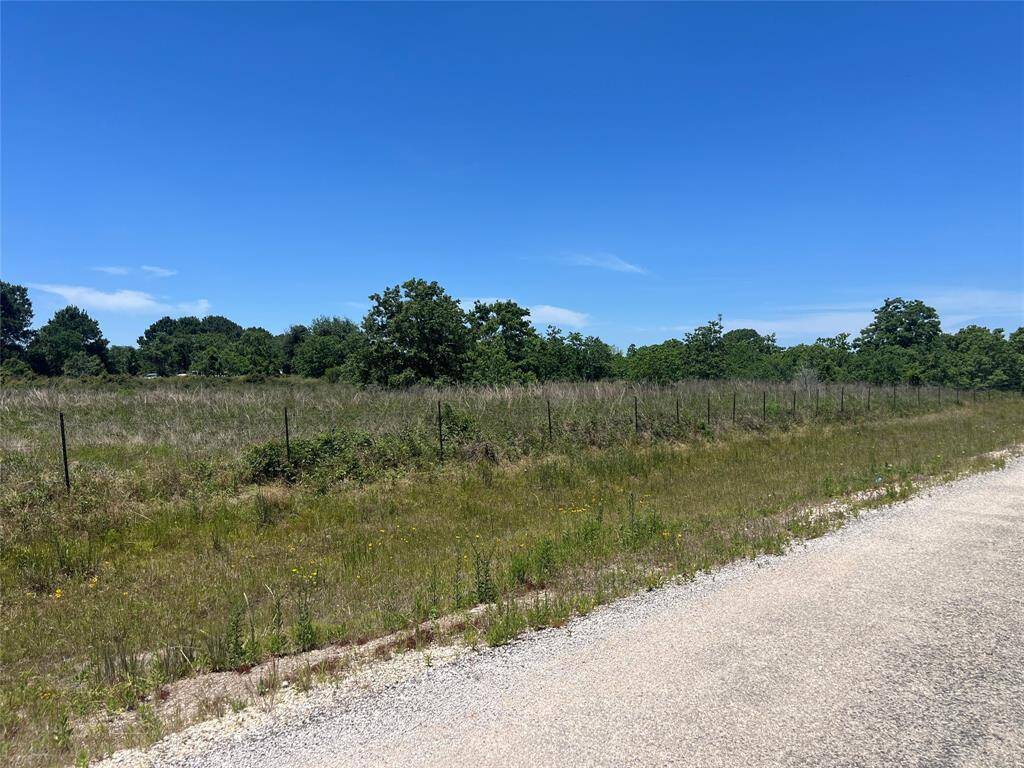 This photo shows a spacious, grassy lot bordered by a fence. The area is open with scattered trees and a clear blue sky, offering a serene and rural setting.