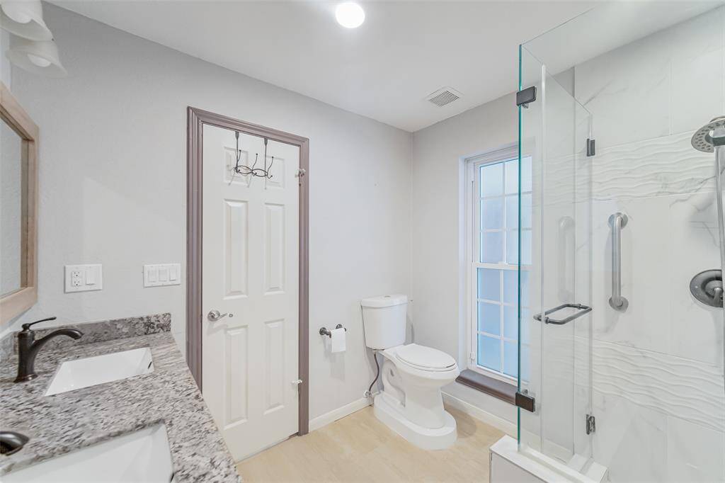 Double sinks and walk in shower!