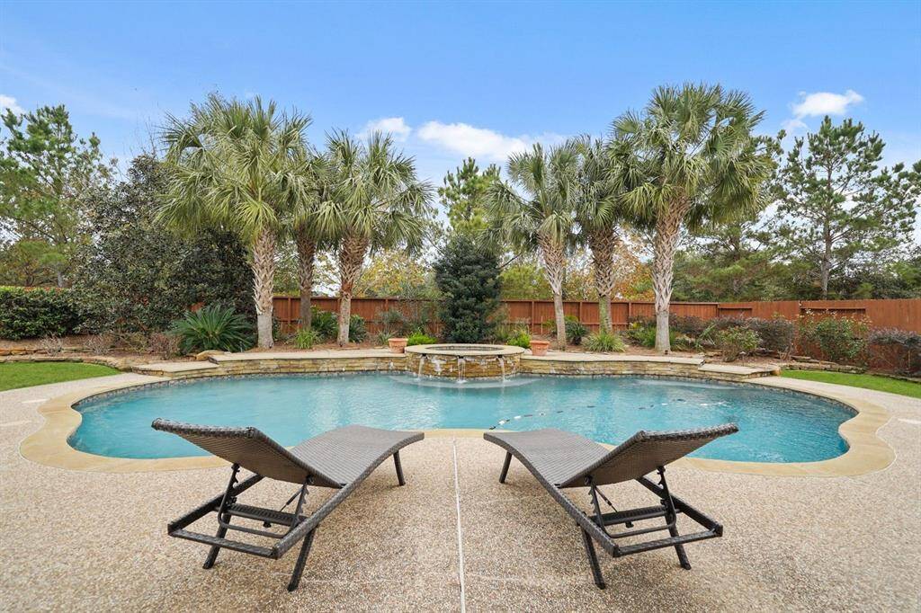 Tropical OASIS with mature palms and lush landscape around beautiful pool