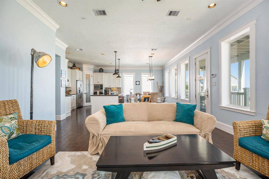 Open living, dining, kitchen