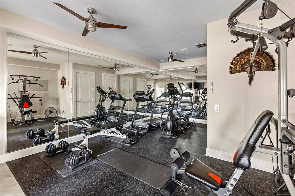 You're looking at a spacious, well-equipped home gym area with space for many different exercise machines, complemented by ample lighting and mirrors for an ideal workout environment.