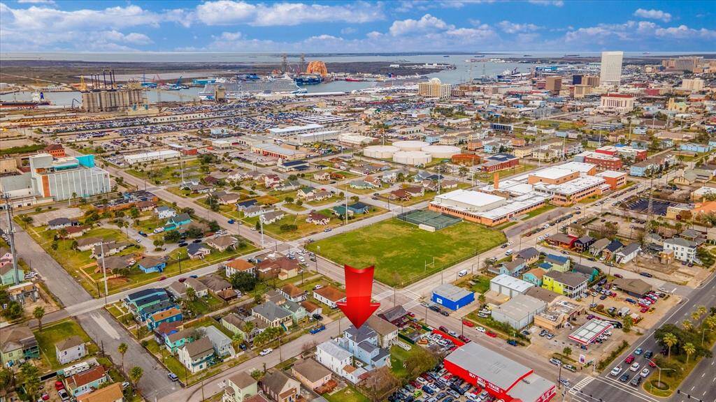 Drone view looking toward Harborside.