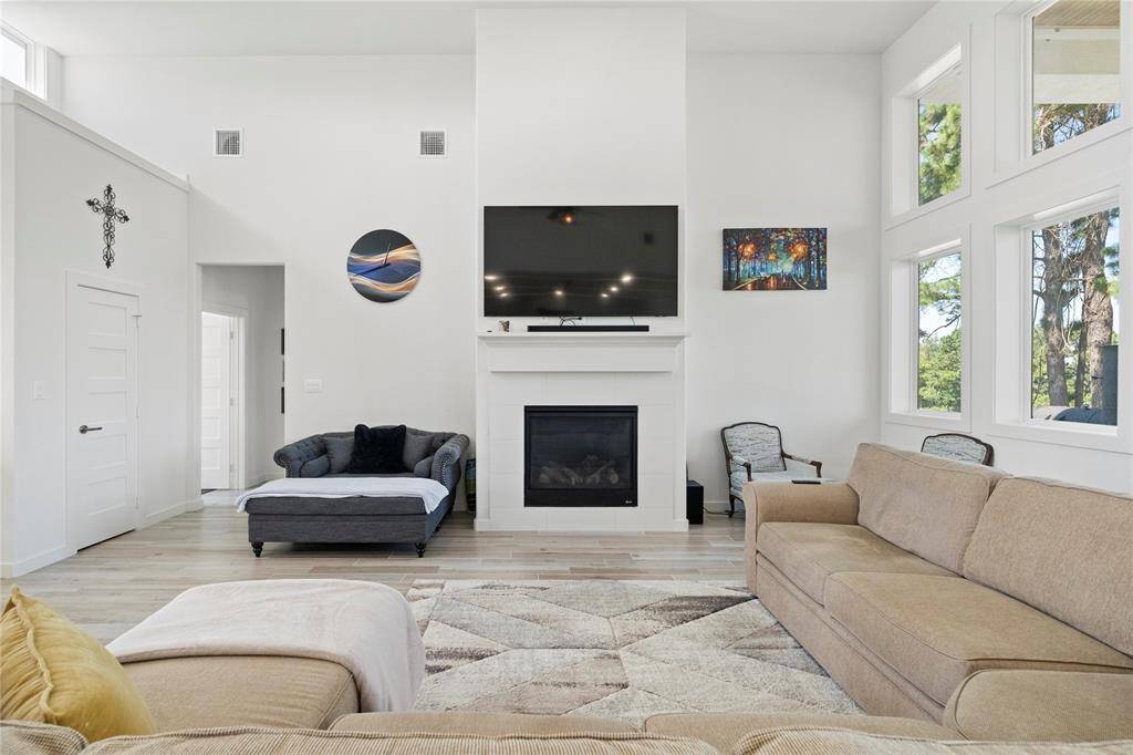 Gas log fireplace, and storage closet to the left.