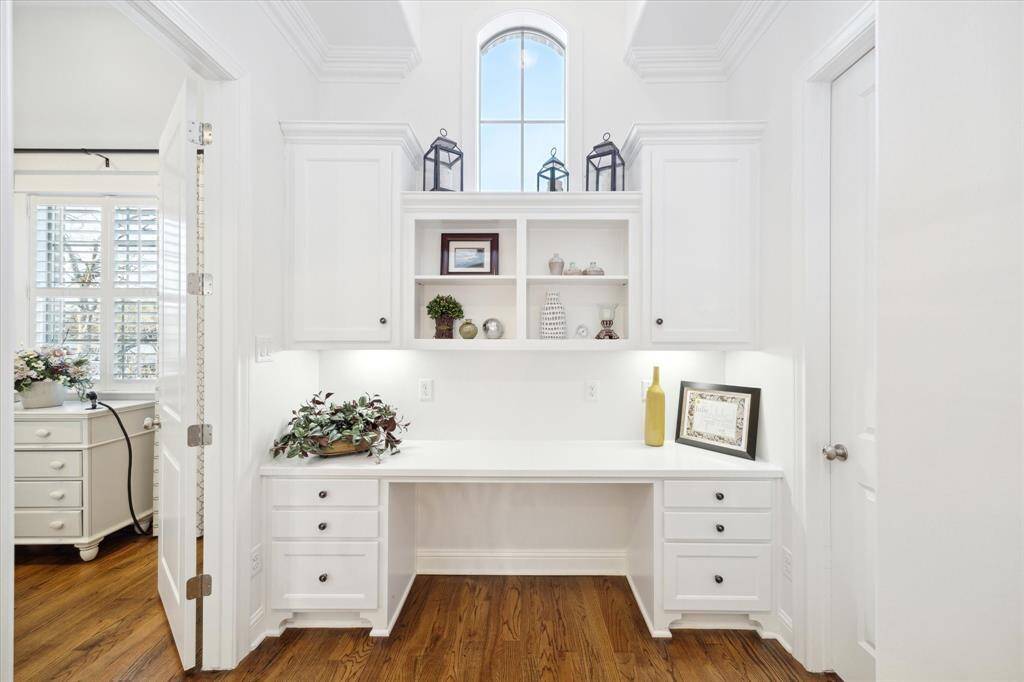Built-in desk is perfect for a home office or study nook.