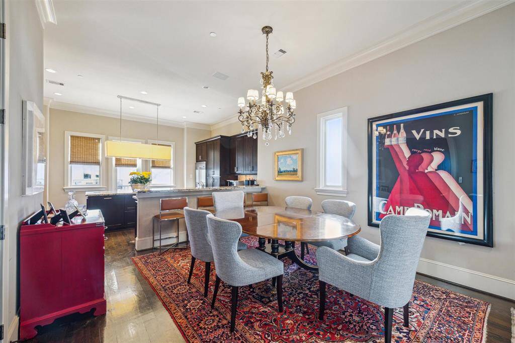 Dining room, shown here set for six, could easily accommodate more.  And there's counter seating for four as well.