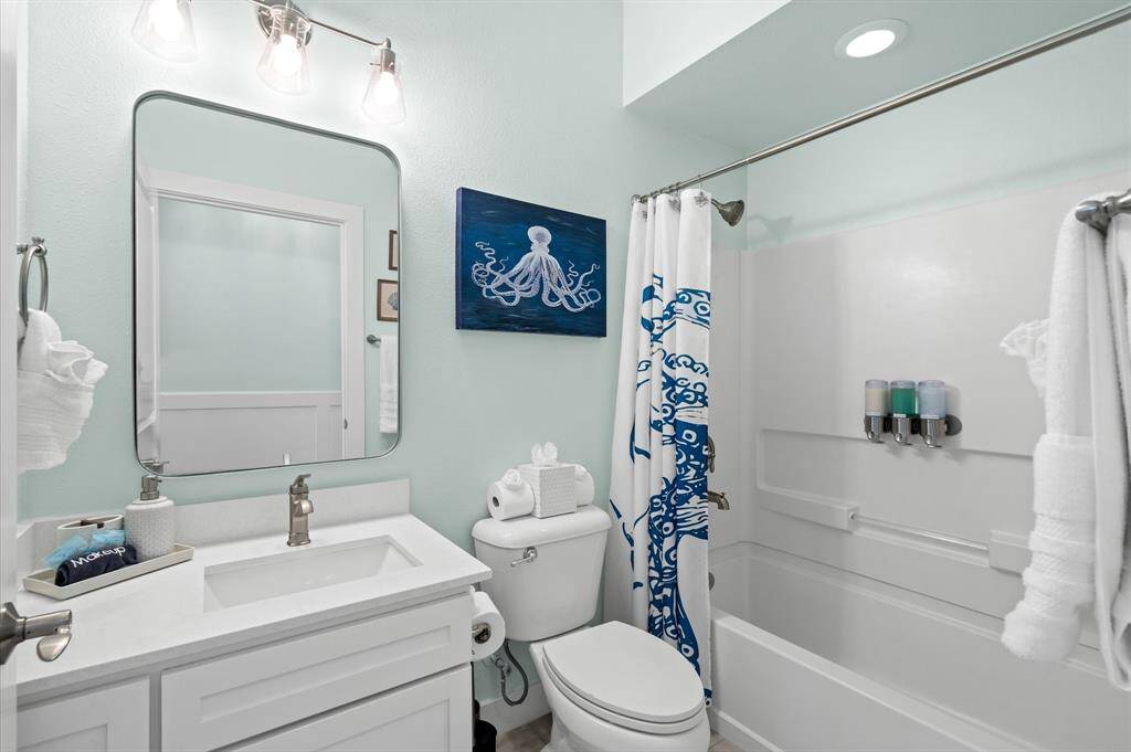 Third bathroom is stocked and ready to go for guests with a new quartz counter top, sink and faucet!