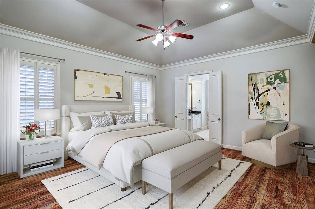 *Virtual Rendering* Timeless architecture prevails in the third floor sun-lit master bedroom. Empowered by a coffered ceiling, it has hardwood floors, plantation shutters and multi-piece molding.