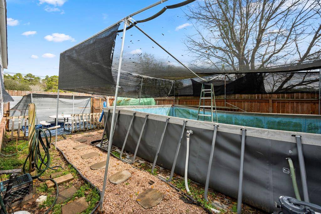 Above ground pool stays...Its mid season so it hasnt been cleaned for summer yet, but will be ready for those hot days right around the corner.