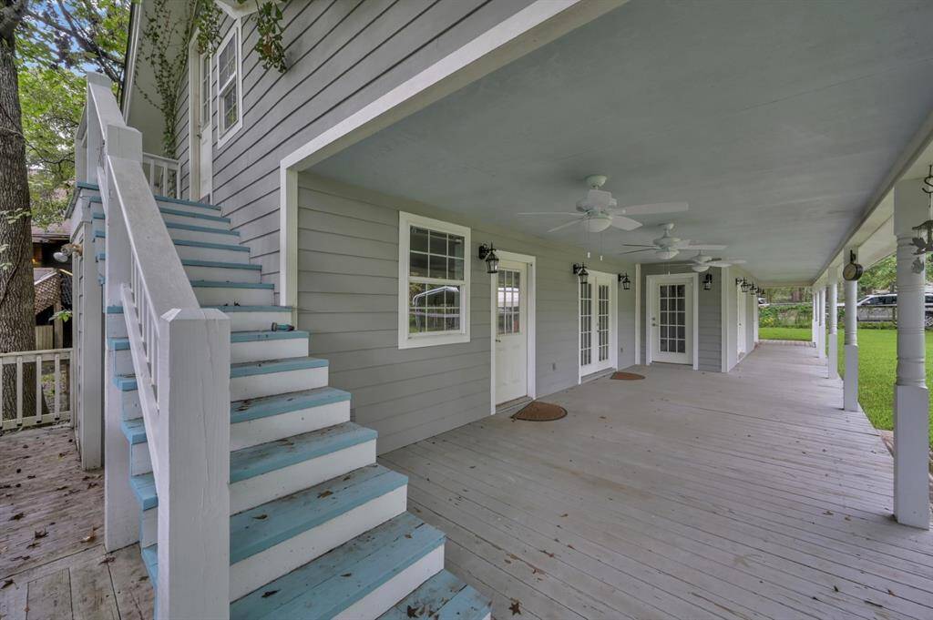 Blue stairs, Hemingway design, lead to a great room for crafts, card games, etc.