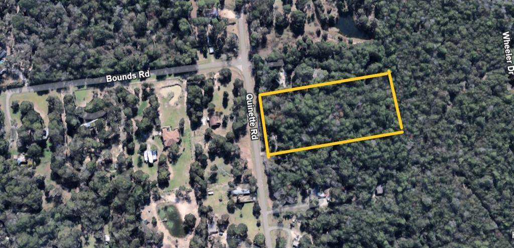This aerial photo shows a rectangular, wooded lot outlined in yellow, situated along Quinette Rd. It's surrounded by dense trees, offering privacy, and located near other residential homes.