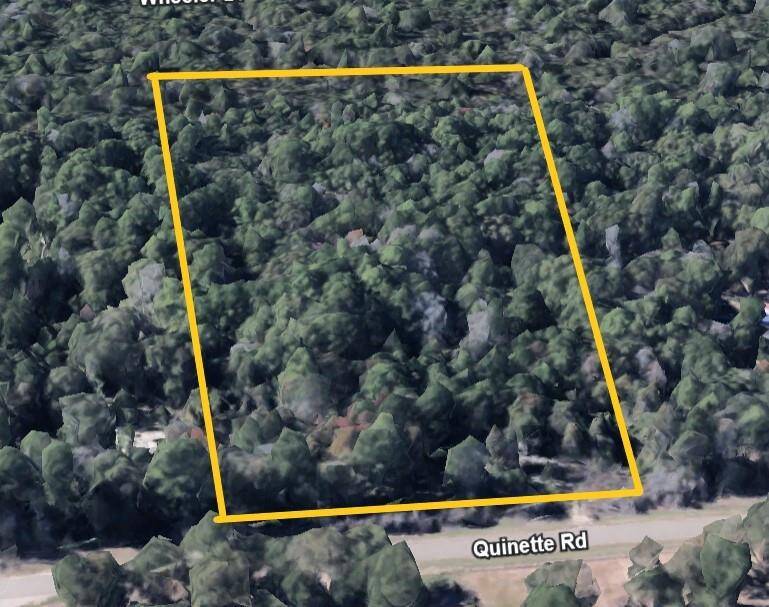 The photo shows a large, wooded plot of land outlined in yellow, located along Quinette Road. Ideal for privacy and surrounded by dense trees, it offers a natural setting for potential development.