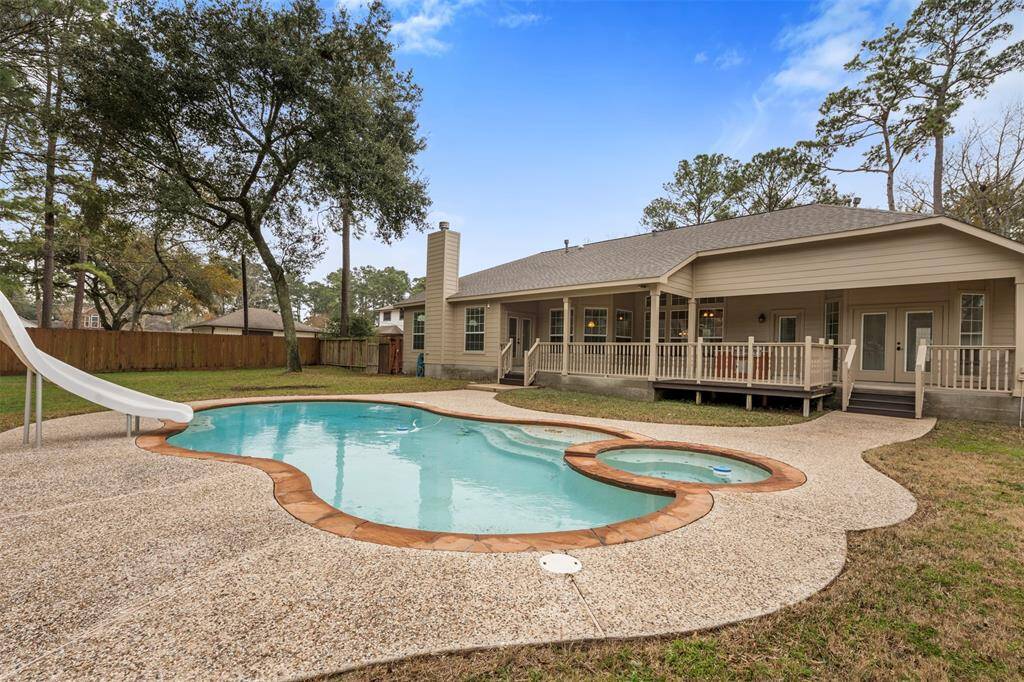 A rear elevation view of the pool and porch.