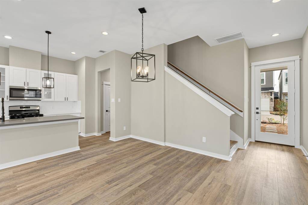 Dining area with matte black finishes