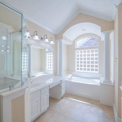 Dual Sinks, Vanity, Jet Tub, Shower, Natural light