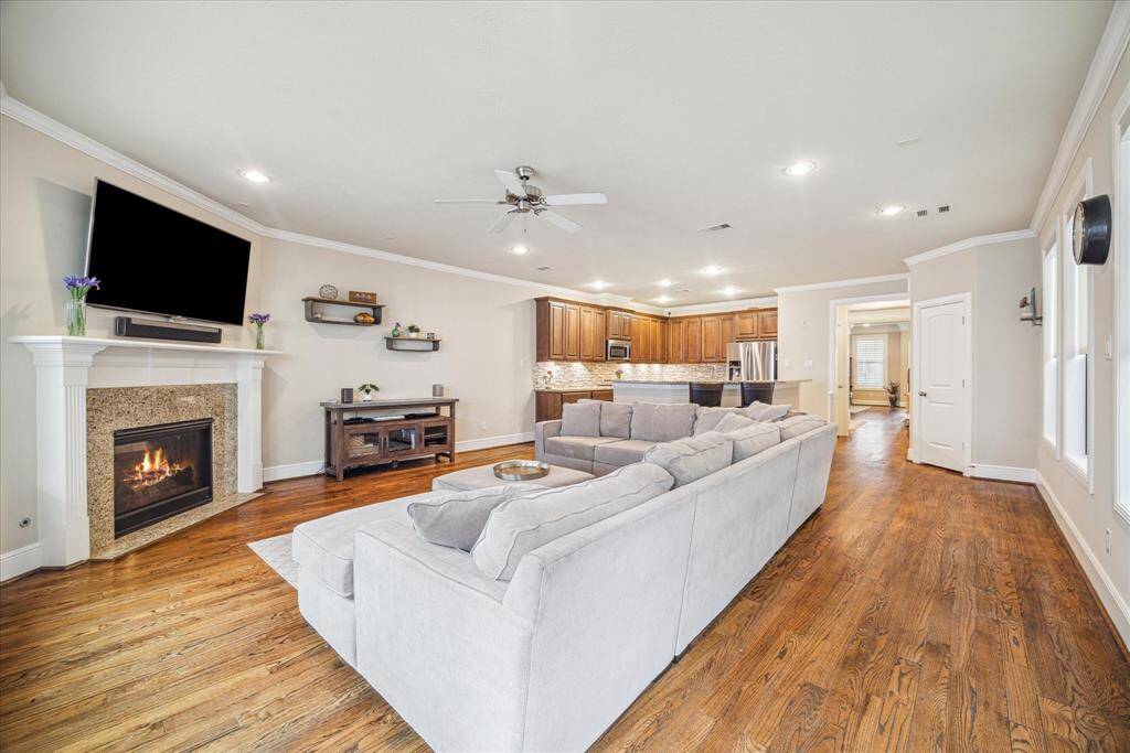 Another view of the open-concept family room and kitchen.