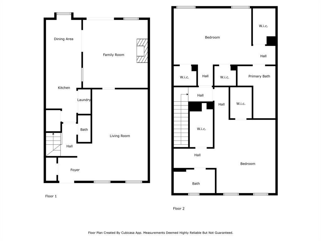 This two-story home features a spacious layout. The first floor includes a foyer, living room, dining area, kitchen, family room, laundry, and powder room. The second floor offers two bedrooms, each with its own bathroom. The design is open and functional, ideal for comfortable living.