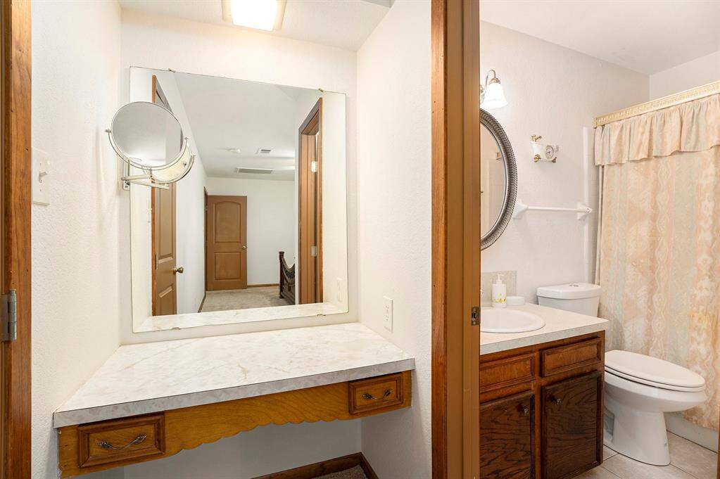 Elegant master bedroom vanity with ample lighting and convenient storage.