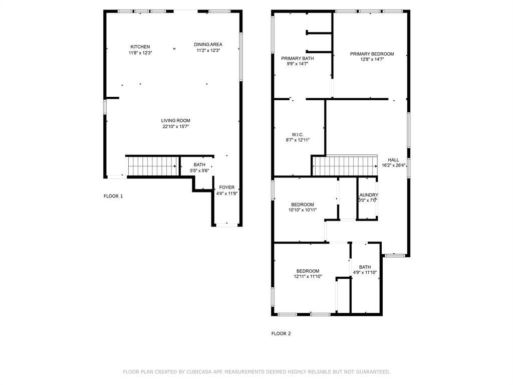 This floor plan features two levels. The first floor includes a spacious living room, kitchen, dining area, foyer, and a bath. The second floor has a primary bedroom with an en-suite bath and walk-in closet, two additional bedrooms, a second bath, and a laundry room.
