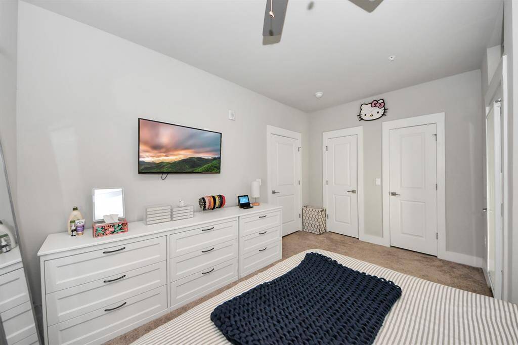 Bright bedroom with neutral walls and carpet.