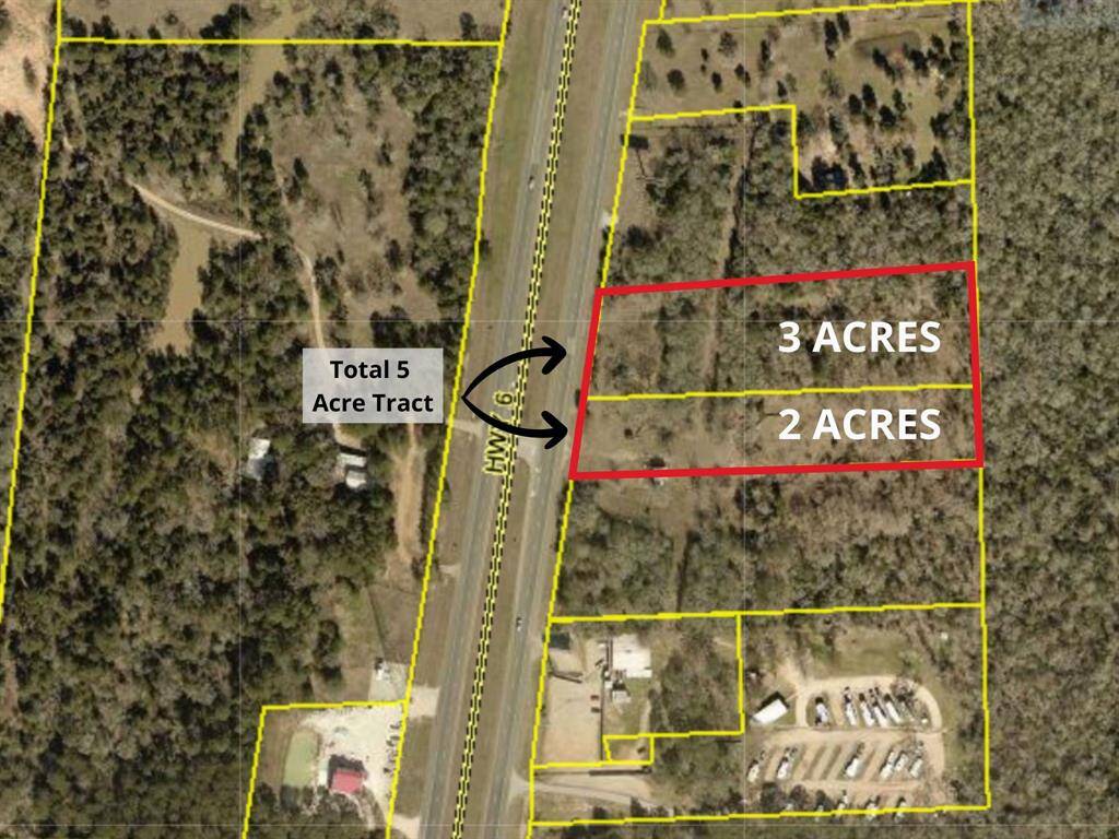 Aerial view showing the approximate lines of the 2- & 3-acre tract being sold as a combined 5-acre tract. There is a commercial business a few lots over.