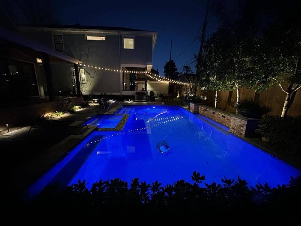 Enjoy a night time swim and take in the beauty of the pool and patio area with the gorgeous pool lights.