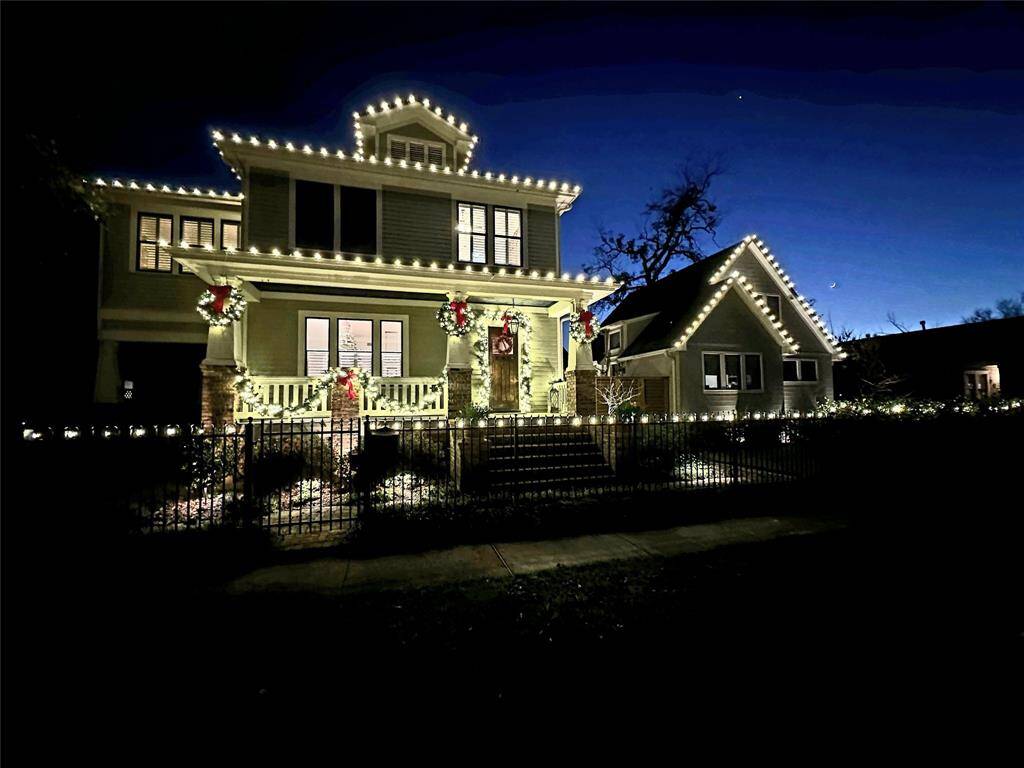 The home beautifully lit for the holidays!