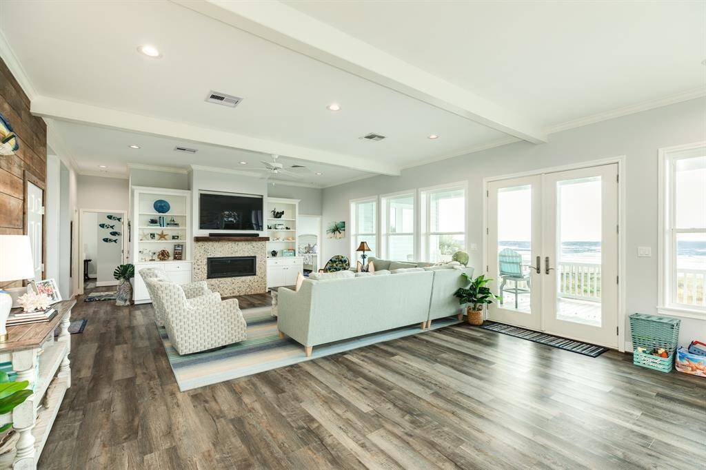 A view of the living area looking from the kitchen.