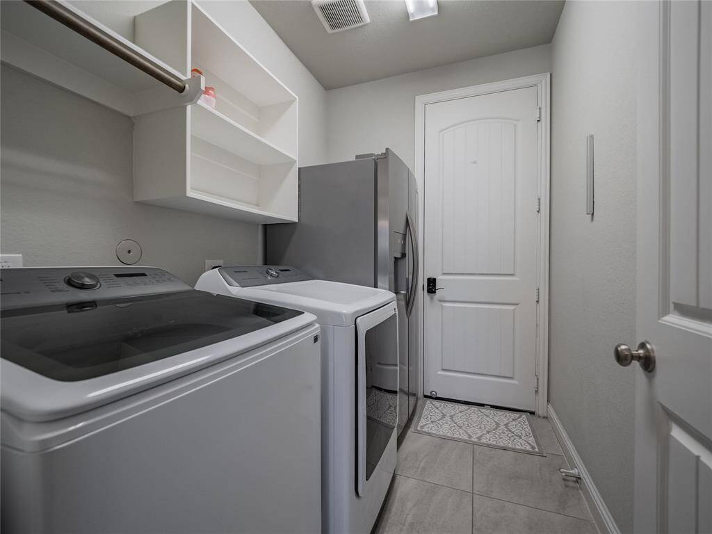 laundry room is downstairs behind the kitchen area and is very spacious