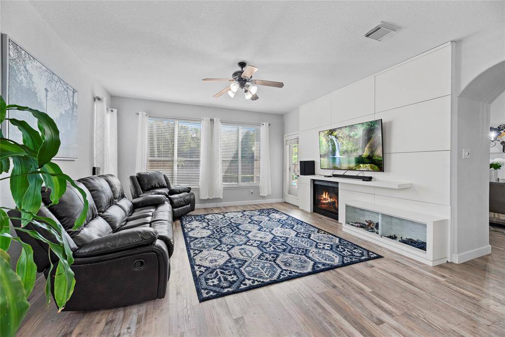 Family room with built in shelving