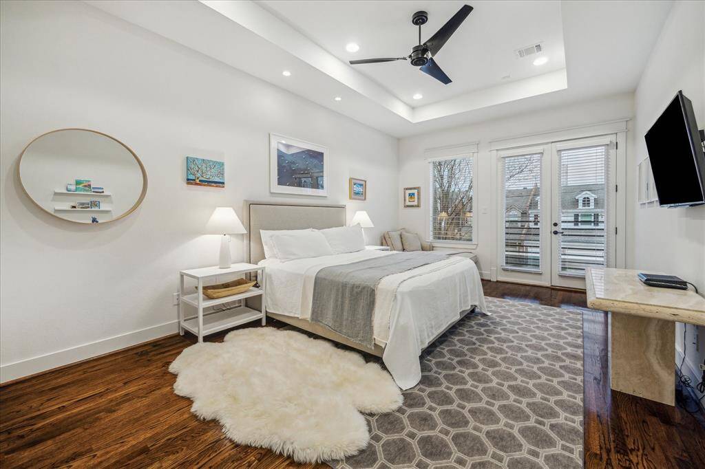 Master Bedroom: Romantically inspired architecture compliments clean contemporary interiors to create timeless luxury. Master suite boasts understated elegance with floor-to-ceiling windows, deep-oak floors, art lighting and Juliet terrace.