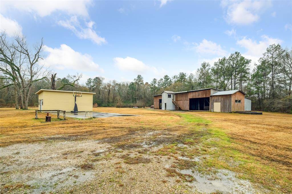 This photo showcases a spacious rural property featuring a large wooden barn and a small utility building with a basketball hoop. The open, grassy landscape is surrounded by trees, offering privacy and a serene setting. Perfect for those seeking a blend of outdoor space and functional structures.