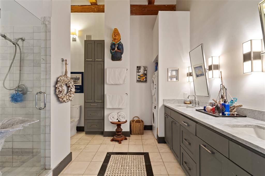 Bathroom with double vanity and lots of storage