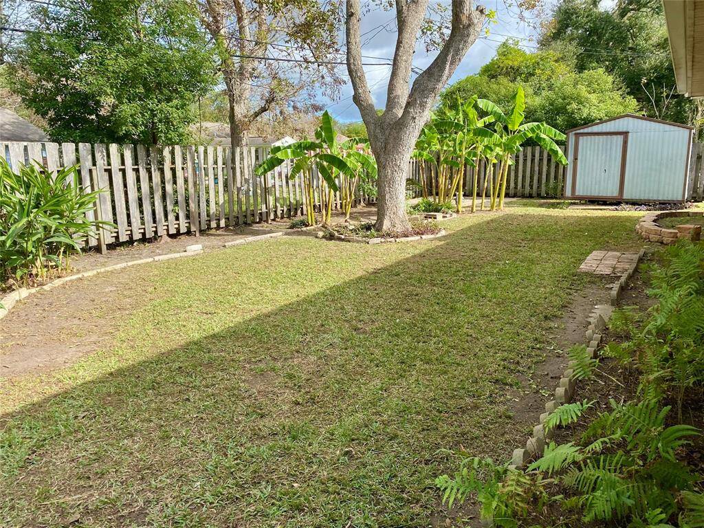 Seller provided backyard pic taken just prior to January '25 winter freeze. The Spring will bring the yard back to 'life' for this well-maintained backyard featuring a spacious lawn, a central tree, and a variety of plants.