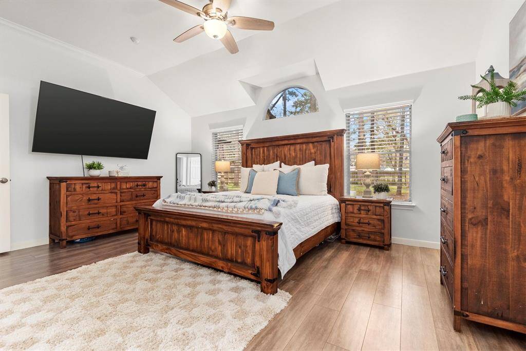 The angles of this bedroom create an architecturally captivating space.  This creates a true retreat right in your own home.