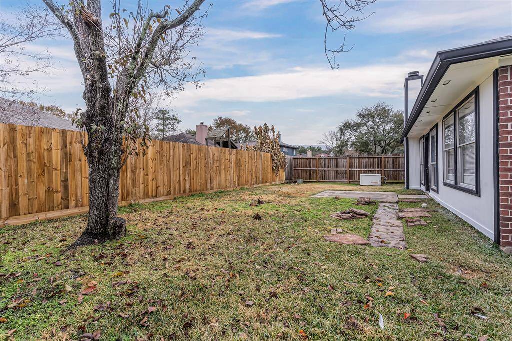 Charming backyard corner with a cozy path and ample space for relaxation or gardening.