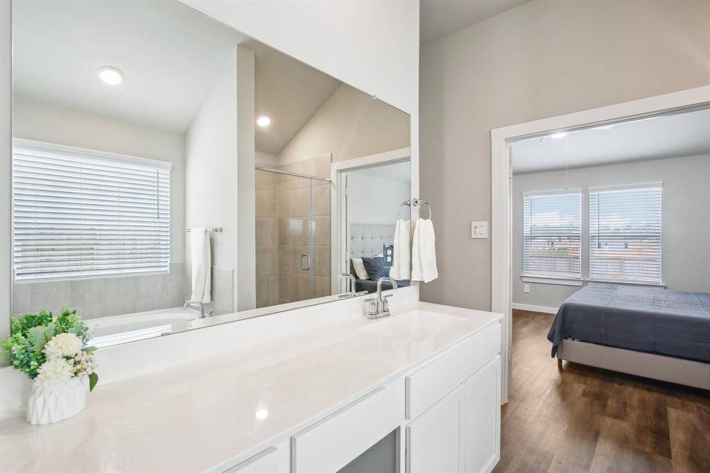 Primary bath with large tub, walk in shower, and vanity.