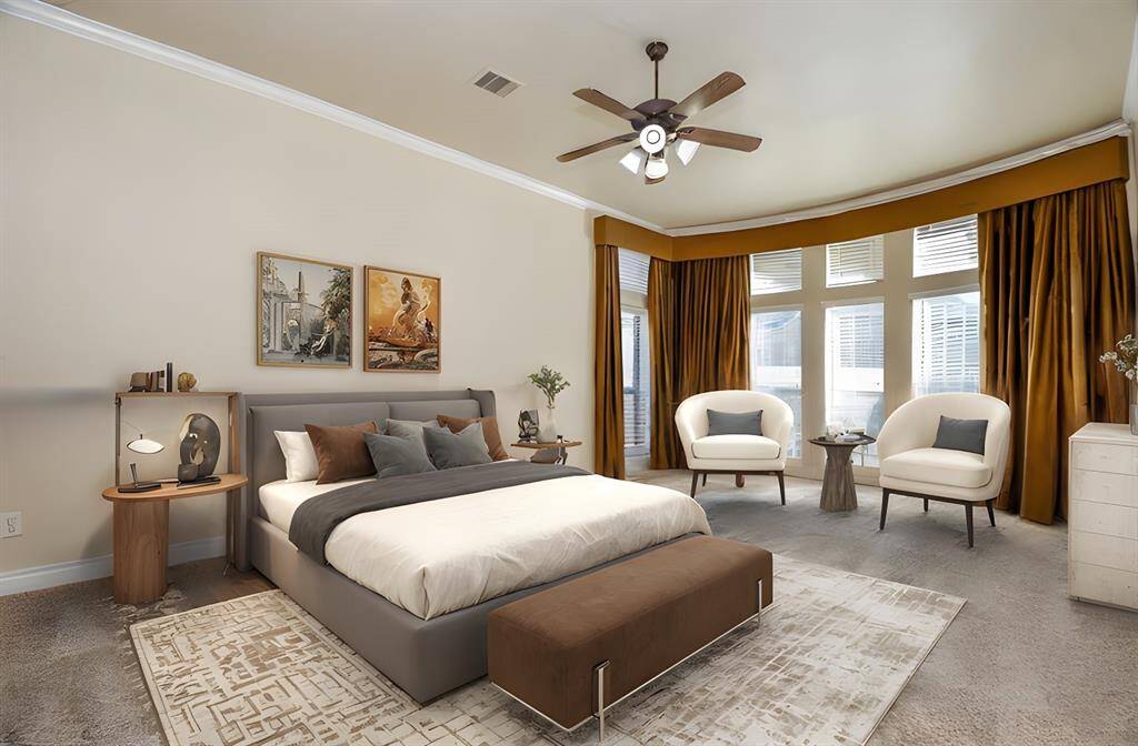 Spacious primary bedroom virtually staged by AI!