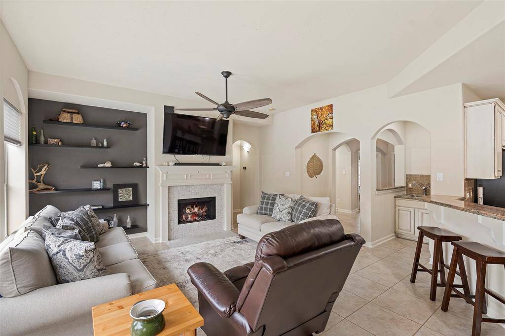 Family living space with fireplace