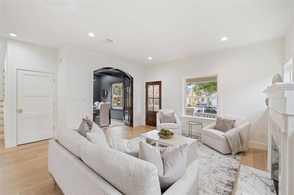 The living room is a charming blend of craftsman and contemporary design.