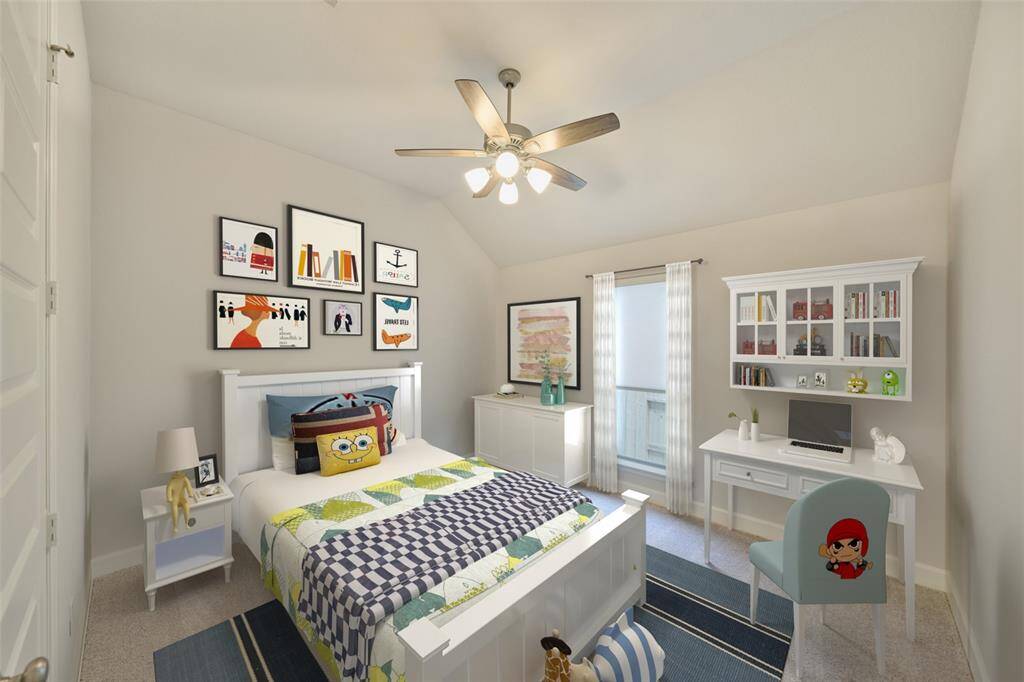 Bedroom 3 is suitable for a family or guest room.  This digitally staged image features a child's room that any kiddo can thrive in.  Room for colorful art, big soft bed, storage and a little study center.  Tour this lovely home today!136 Hushed Nightfall, The Woodlands Hills.  Willis, TX.  77318.