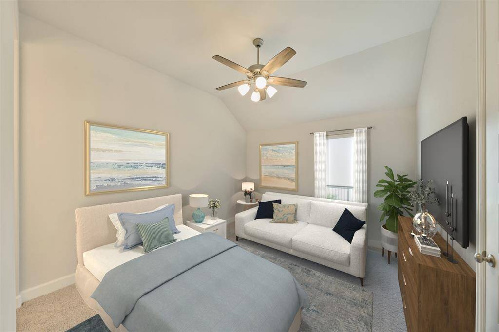 Bedroom 4 features its own ensuite bath--excellent space for a multi-generational home.  Digitally staged.  Mother-in-Law or College student can enjoy natural light, their own full-ensuite bath, and a sense of privach.  136 Hushed Nightfall, The Woodlands Hills.  Willis, TX.  77318.