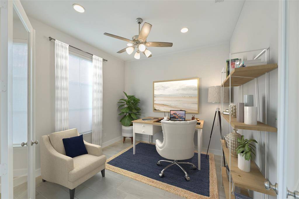 Formal Study at 136 Hushed Nightfall is digitally staged to show your natural light and workspace. 136 Hushed Nightfall, The Woodlands Hills. Willis, TX. 77318.