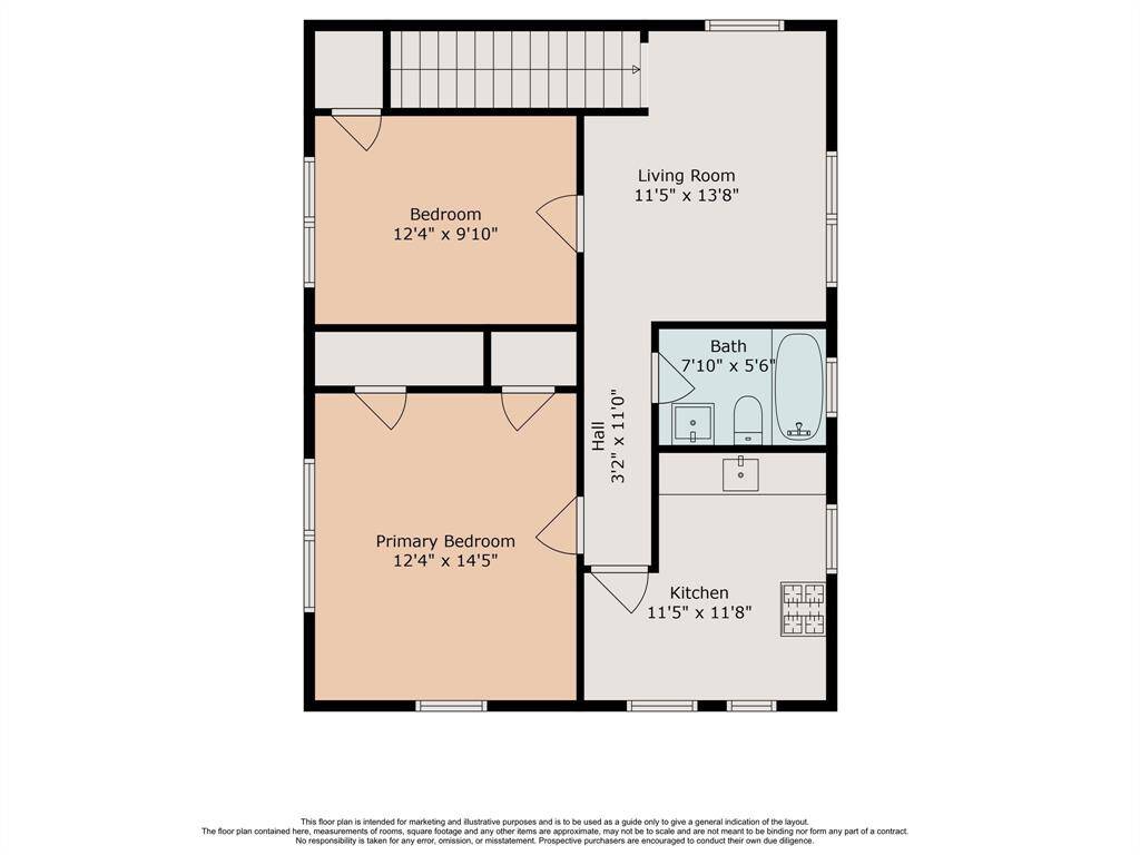 Floor plan of the second floor of the building in the back of the home.  There are two bedrooms, living room, eat in kitchen and a full bath off the hallway.