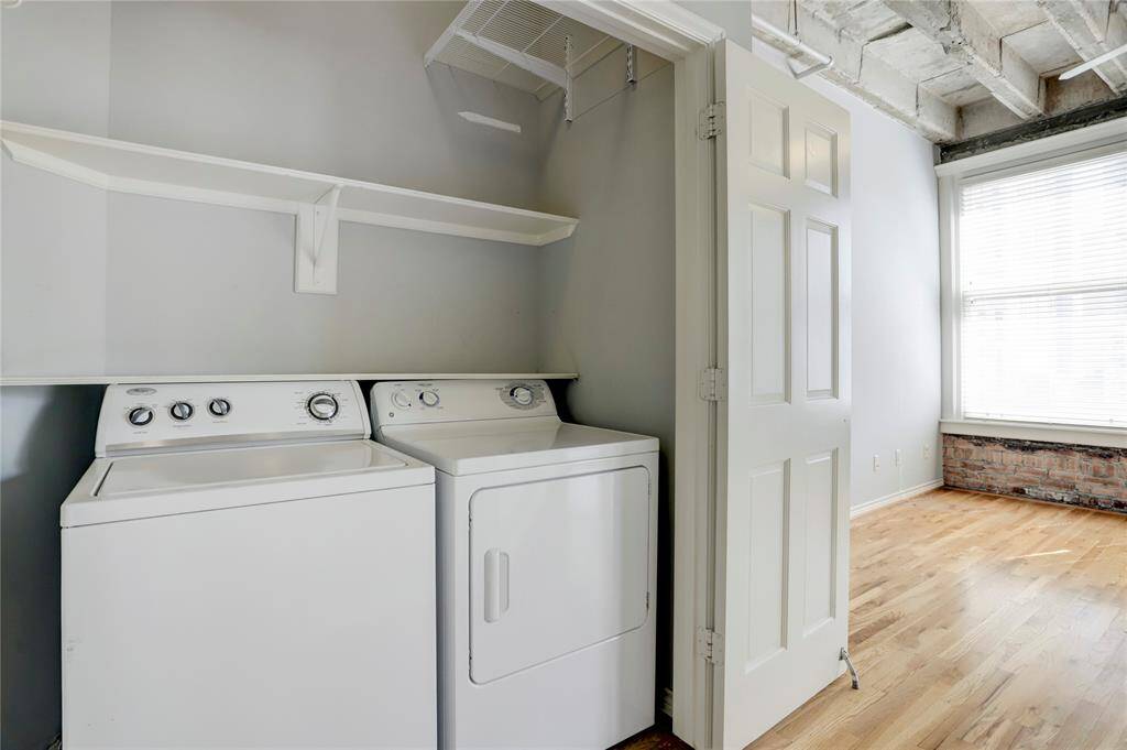 The unit includes a convenient laundry area with a side-by-side washer and dryer, which will convey with the sale. A built-in shelf above offers the perfect spot to keep your detergents and supplies neatly organized.