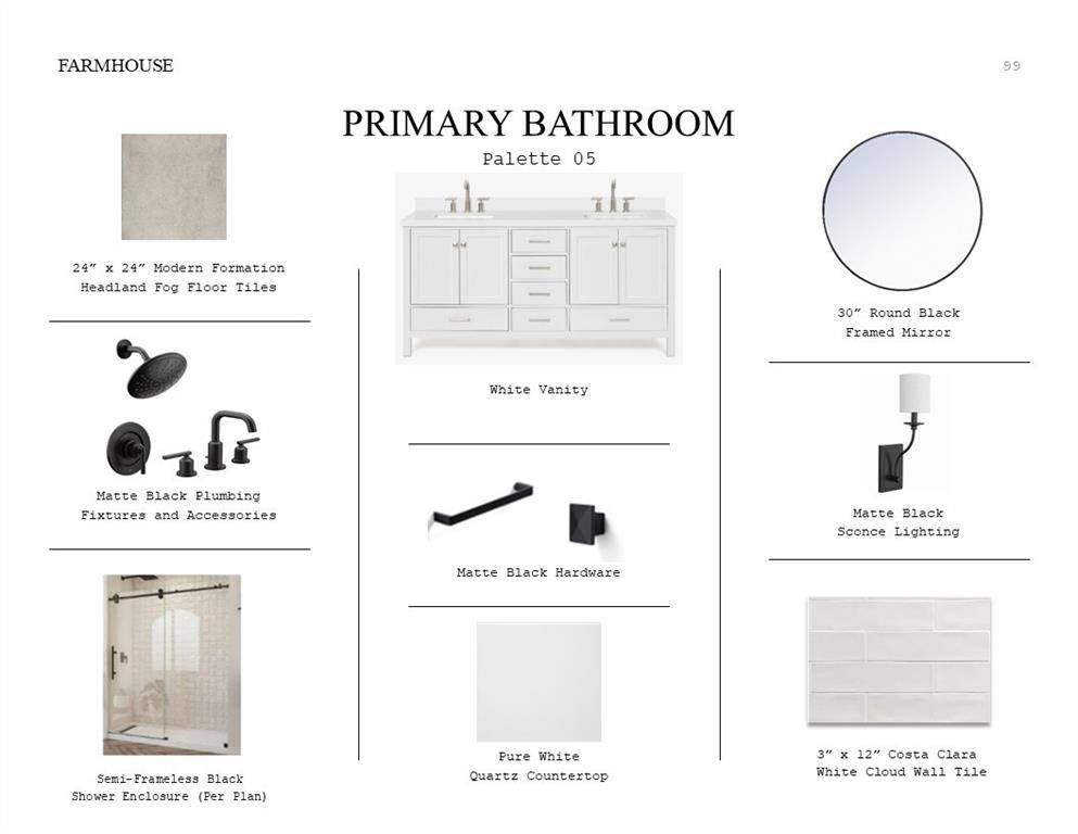 Farmhouse Look Palette 5: Primary Bathroom Selection Sheet (*Artist rendering used for illustration purposes only.)