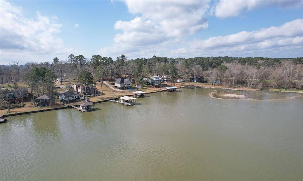This photo showcases a serene lakeside neighborhood with several homes featuring direct water access. The area is surrounded by lush trees, offering a peaceful, natural setting ideal for those seeking a waterfront lifestyle.