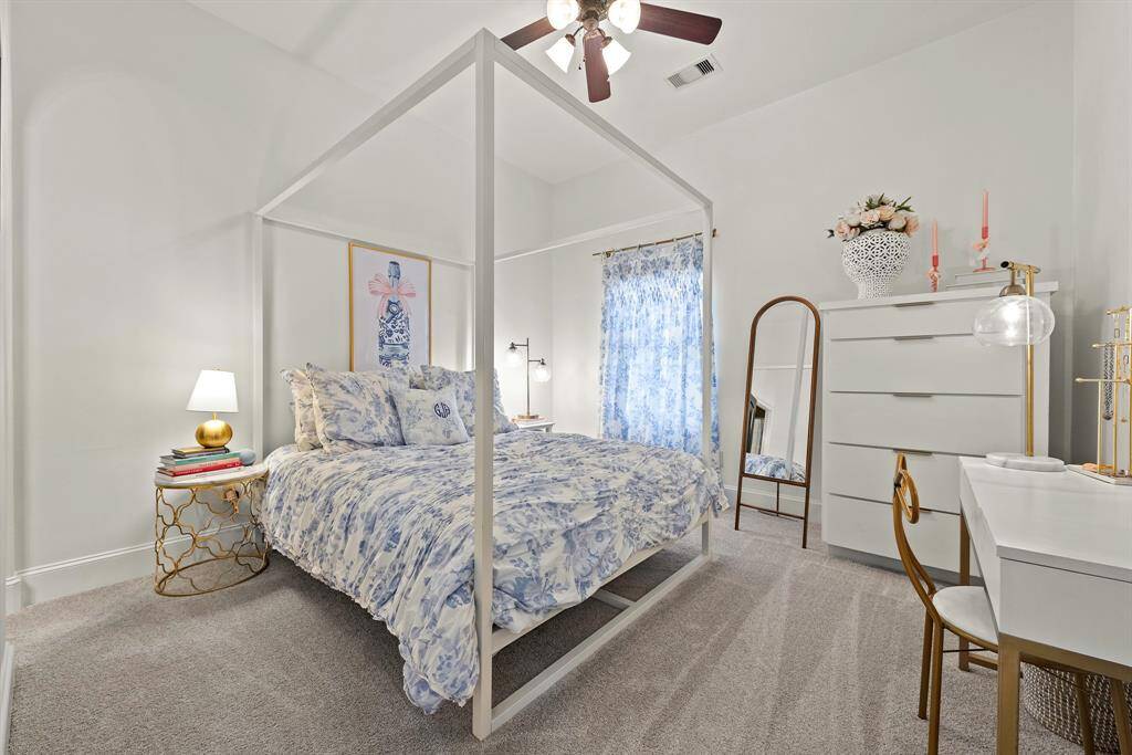 Bedroom 1 upstairs has a private vanity with a shared full bathroom to bedroom 2.